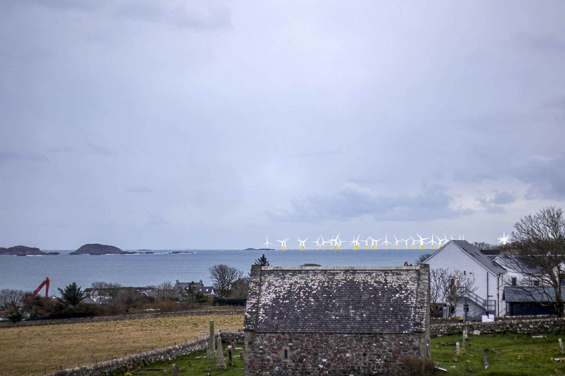 From Iona Abbey grounds showing turbines behind Relig Odrain